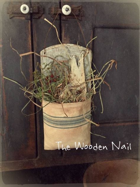 Ideas For Lace Scraps, Primitive Spring Decor, Primitive Easter Decor, Bird Nest Craft, Primitive Spring, Rustic Easter Decor, Flower Pot Art, Easter Craft Decorations, Peter Cottontail