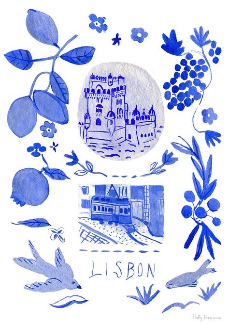 A series of scenes from Lisbon, inspired by the heritage of the beautiful blue Portuguese 'Azulejo' tiles found in Portugal. A blue watercolour painted scene, formed into this striking art print. Featuring the iconic Belém Tower and Lisbon's famous trams (eléctrico), found in the city. Want it framed? This print comes unframed & unmounted; all designs can be professionally framed for an additional £55 (same price for all print sizes). For UK orders please add this to your cart along with your ch Blue And White Portuguese Tiles, Portuguese Blue Tiles, Portugal Art Illustration, Lisbon Art Print, Lisbon Tiles Pattern, Blue And White Illustration, Watercolour Branding, Lisbon Illustration, Portuguese Wallpaper