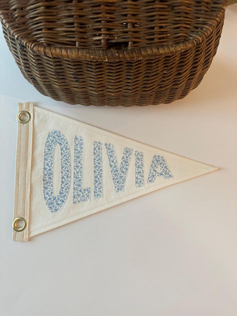 Handmade Backing: White Denim Lettering: Vintage Floral Cotton Pennant Flag Wall Decor, Diy Flag Decor, Names In Nursery Wall, Pendant Flags Diy, Aesthetic Etsy Finds, Name Pennant Flag, Handmade Diy Gift Ideas, Pendant Flag, College Apartment Aesthetic