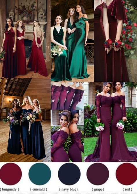 Moody Jewel Tone Wedding Bridesmaids, Bridesmaids Dresses Jewel Tones, Dark Jewel Tone Wedding Color Palette, Jewel Tones Dress, Bridesmaid Jewel Tone Dresses, Jewel Colored Bridesmaid Dresses, Gem Colored Bridesmaid Dresses, Jewel Tone Wedding Inspiration, Jewel Tone Bridesmaid Dresses Fall