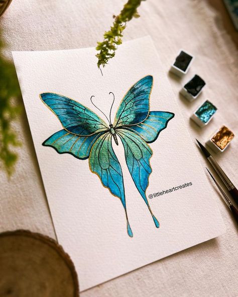 Chithra Shaan (@littleheartcreates) | Instagram Mini Canvas Butterfly Painting, Metallic Watercolor Butterfly, Love Watercolor Art, Paintings With Metallic Paint, Metallic Watercolor Art, Metallic Painting Ideas, Watercolor Butterfly Painting, Fantasy Butterfly Art, Metallic Watercolor Painting Ideas