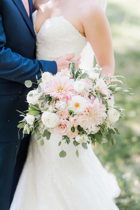 Pink And White Dahlia Bouquet, Blush Pink And Eucalyptus Bouquet, Wedding Bouquets Blush And White, Light Pink Peony Bouquet, Classic Wedding Bouquet Romantic, Blush Pink And White Bouquet, Pink Summer Wedding Flowers, White And Pink Bouquet Wedding, Pink And Gold Wedding Bouquet