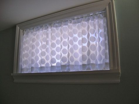 I made these for @Alicia T Bell's playhouse!  I thought they turned out pretty dang cute! Basement Window Curtains, Basement Window Treatments, Unfinished Basement Walls, Small Basement Bedroom, Basement Window, Curtain Tutorial, Curtains Diy, Window Sill Decor, Bathroom Window Curtains