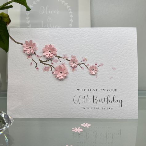 This beautiful handmade card is A5 and printed on 300gsm hammered card. It is designed and decorated by myself or one of a small team of helpers, in a little workshop, in the busy market town of Hessle, located in the East Riding of Yorkshire. Thank you for taking the time to look  Bev Cherry Blossom Card, Flowers Cherry Blossom, Busy Market, Sixtieth Birthday, Eighteenth Birthday, 30th Birthday Cards, 18th Birthday Cards, 60th Birthday Cards, 40th Birthday Cards