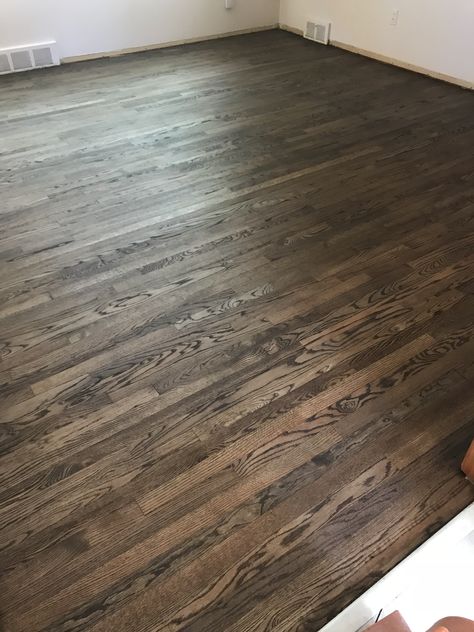 50+yr old floors came out beautiful once again with Jacobean stain color. #durasealstain #woodloors Jacobean Wood Floors, Dark Wood Stained Floors, Dark Stained Hardwood Floors, Hard Wood Floor Stain Colors, Jacobean Floors, Minwax Jacobean Stain, Stained Oak Floors, Oak Floor Stains, Floor Stain Colors