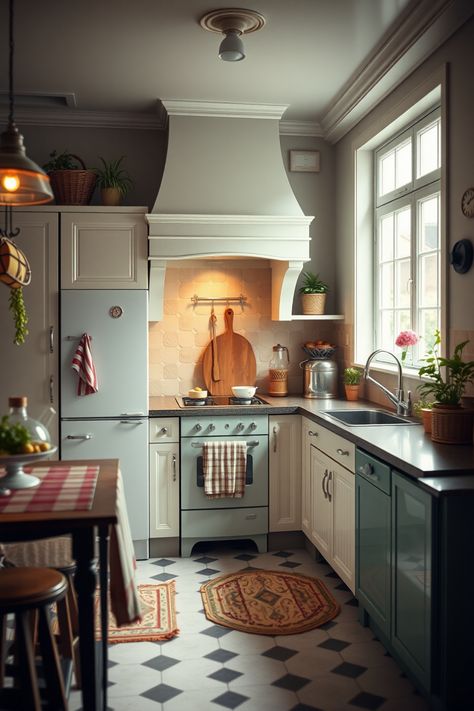 Looking to spice up your kitchen with vintage charm? Check out these 12 unique ideas that blend retro aesthetics with modern functionality. From colorful cabinetry that catches the eye, to reclaimed wood decor that gives a warm, lived-in feel, this guide has something for everyone aiming for that cozy, old-world elegance. Discover how simple touches like antique appliances and vintage accessories can bring your kitchen to life, making it a true conversation starter. Perfect for home design enthusiasts and vintage lovers! Eclectic Vintage Kitchen, German Style Kitchen, Warm Kitchen Aesthetic, Small Victorian Kitchen, Retro Table And Chairs, Antique Appliances, Old Fashioned Clock, Classic Backsplash, Vintage Kitchen Ideas