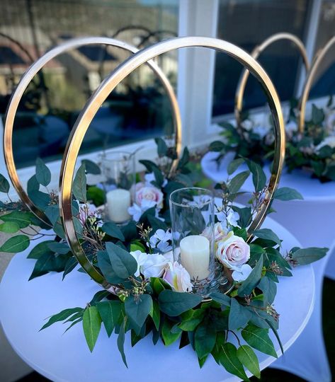 Gold Hoop Table Centerpiece, Gold And Greenery Centerpieces, Gold Centerpieces With Greenery, Hoop Wedding Table Decor, Gold Circle Centerpiece Wedding, Sage And Gold Wedding Centerpieces, Emerald Green 15 Centerpieces, Forest Green And Gold Centerpieces, Ring Centerpieces Wedding