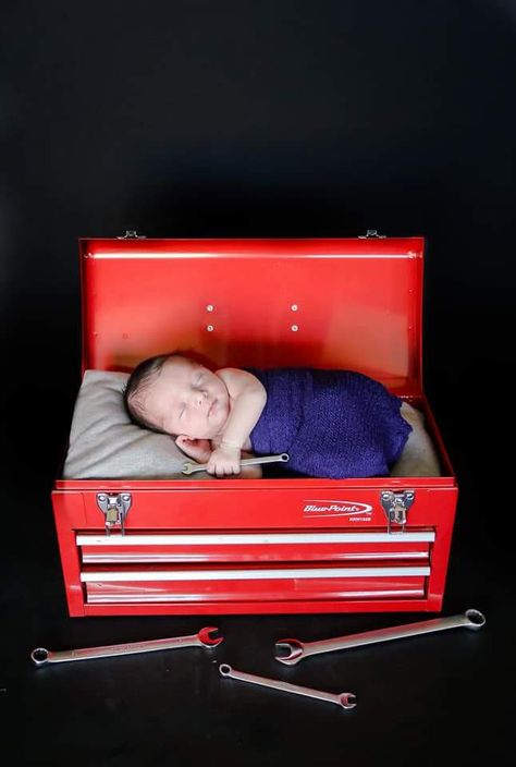 Baby boy, newborn pic, mechanic, toolbox, cool, newborn, boy, photoshoot Newborn Boy Photoshoot, Baby Mechanic, Racing Baby, Boy Photoshoot, Baby Boy Newborn Pictures, Newborn Photography Boy, Baby Photoshoot Boy, Baby Boy Pictures, Newborn Baby Photoshoot