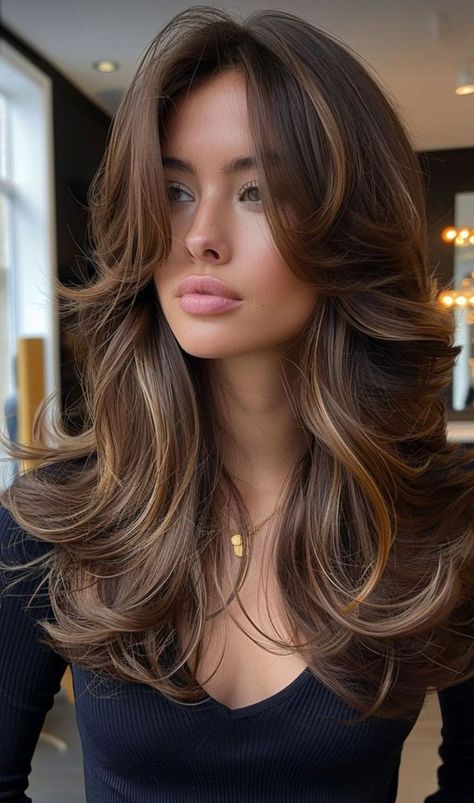 Medium Length Hair With Layers Color Ideas, Volumizing Haircuts For Medium Length Hair, Victoria’s Secret Blowout, Haïr Style Middle Hair, Bouncy Layered Haircut, Curved Bangs Long Hair, Chic Haircut Medium, Blowout Wavy Hair, Middle Long Haircut