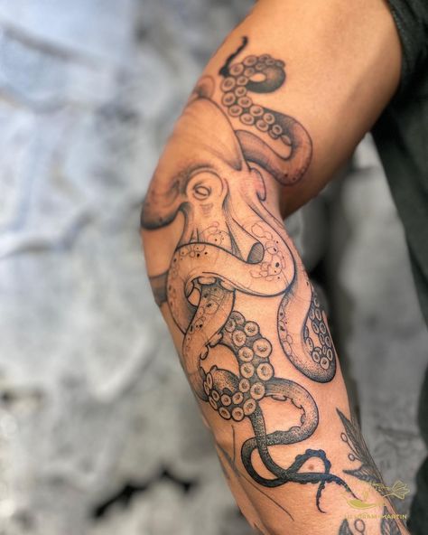 Octopus Tattoo Hand Design, Octopus On Arm Tattoo, Knee Octopus Tattoo, Squid Arm Tattoo, Men’s Octopus Tattoo, Sea Life Leg Sleeve Tattoo, Octopus On Shoulder Tattoo, Crab Skeleton Tattoo, Nautical Shoulder Tattoo