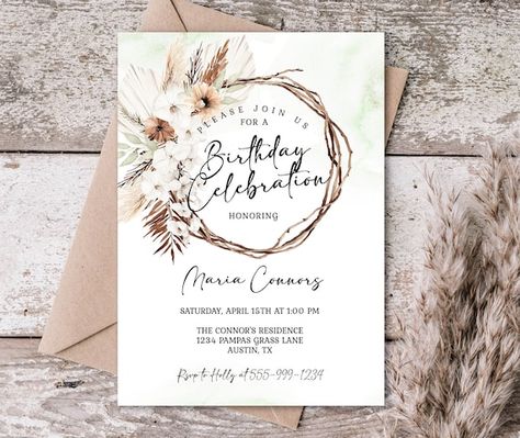 Pampas Grass Boho Birthday Celebration Invitation Template | Etsy Australia Boho Birthday Party Invitations, Boho Invitations Birthday, Boho Birthday Party Adult, Boho Birthday Invitations, Birthday Celebration Invitation, Birthday Party Invitation Wording, Boho Birthday Party, Adult Birthday Invitations, Twig Wreath