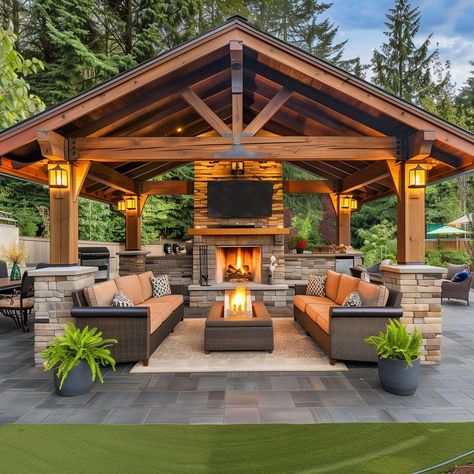 Backyard Pavilion Furniture, Outdoor Living Areas With Kitchen, Porch With Fireplace Covered, Outdoor Covered Deck Ideas Living Spaces, Outdoor Carport Ideas Patio, Decks With Fireplaces, Outdoor Living Design Backyard Ideas, Gazebo Next To House, Outdoor Living Areas Covered