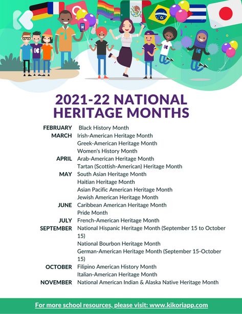 2021-22 School Appreciation Day & National Heritage Month Calendar Hispanic Heritage Month Bulletin Board, Italian Heritage Month, Activity Planner, Fun Team Building Activities, Make Every Day Count, Week Calendar, Compassion Fatigue, Day Count, Month Calendar