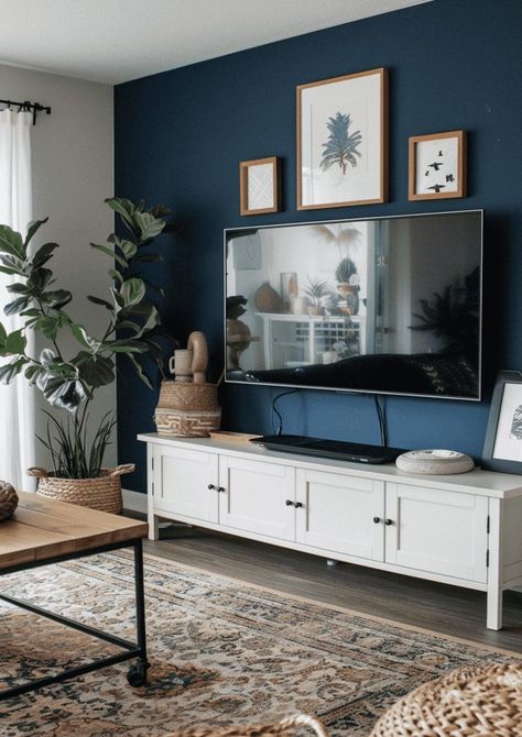 Over Tv Wall Decor Living Room, Blue Accent Wall Living Room, Living Room Tv Wall Decor, Tv Wall Decor Living Room, Blue Walls Living Room, Blue Painted Walls, Tv Wall Decor Ideas, Feature Wall Living Room, Blue Accent Walls