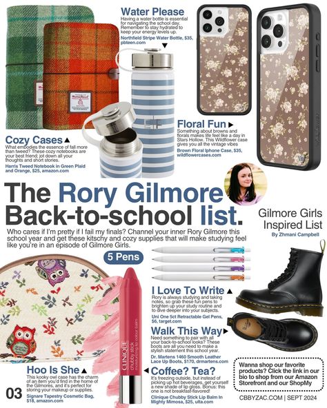 Calling all Gilmore Girls fans. Are you still looking for school supplies? Here is the official Rory back-to-school list ☕️📚 3/10 of our back-to-school list: TV & film 🏷️: #cbbyzac #fyp #magazinearticle #fall2024 #autumn #backtoschool #pinterestaesthetic #rorygilmore #gilmoregirls #moodboard #pinterest School Moodboard Aesthetic, Autumn Aesthetic Gilmore, Rory Room, Boarding School Life, School Moodboard, Autumn Moodboard, Crystal Butterflies, Back To School List, Gilmore Girls Outfits