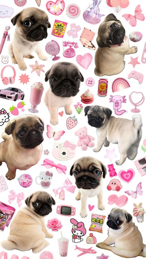 #pink #pug #dog #cute #flowers #stars #sweets #desserts #drinks #candy #sanrio #hellokitty #mymelody #kirby Cute Pugs Wallpapers, Pink Pug, Pug Wallpaper, Dog Artist, Pugs And Kisses, Wallpaper Doodle, Pretty Backgrounds, Purple Wallpaper Iphone, Cute Flowers