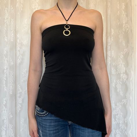 Y2K 2000s Fairycore Whimsygoth Halter Neck Asymmetrical Tube Top With Silver Hardware #y2k #y2kfashion #2000s #2000sfashion #asymmetrical #tubetop #fairycore #fairygrunge #whimsygoth #haltertop Tunic Tops With Jeans, Asymmetrical Tube Top, Fame Clothes, 2000s Fairycore, Y2k Halter Top, Y2k Blouse, Paranoid Android, 2000s Tops, Gothic Tops