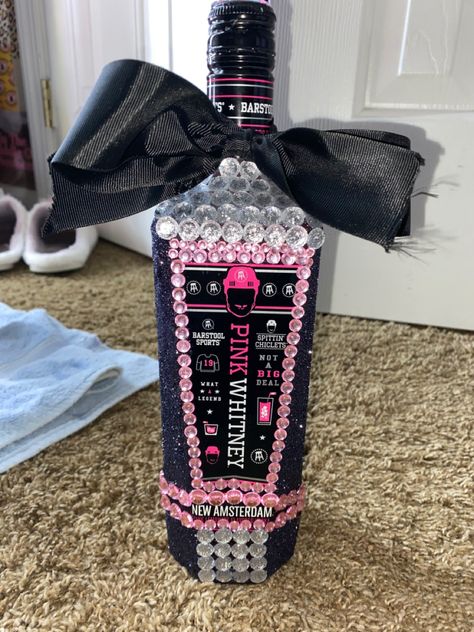 Bedazzled Stuff, Alcohol Bottle Decorations, 21st Birthday Diy, Pink Whitney, Bedazzled Liquor Bottles, Bedazzled Bottle, Birthday Gowns, Alcohol Bottle Crafts, Besties Birthday