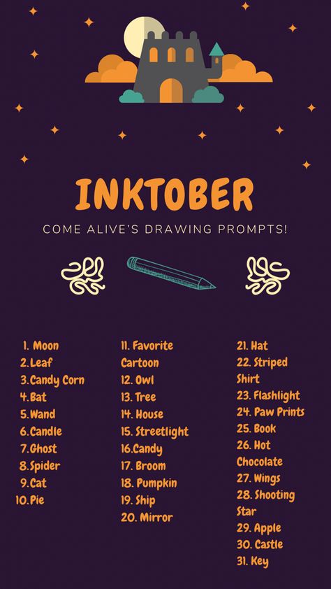 Doodle A Day October, 31 Days Of Halloween Drawings, Halloween Prompts Drawing, October Art Prompts 2023, Halloween Month Activities, October Art Prompts, Inktober Prompts 2024, October Drawing Prompts, October Drawing Challenge 2024