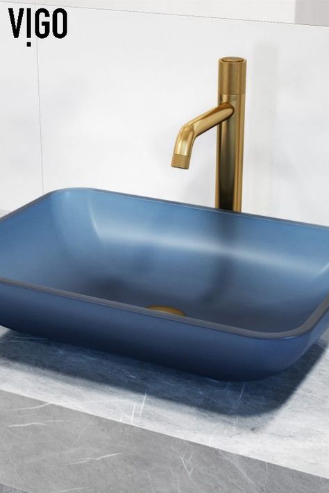 The Rectangular Royal Blue Sottile Glass Vessel Bathroom Sink is a masterpiece of elegance and functionality. With its unique hand-painted design in a mesmerizing royal blue hue, this sink effortlessly transforms any bathroom into a luxurious sanctuary.| VIGO Design Ideas - Remodels - Home Interior Wall Mount Sink Bathroom, Wall Mount Sink, Glass Vessel Sinks, Ideal Bathrooms, Vessel Bathroom Sink, Wall Mount Faucet, Bathroom Collections, Vessel Sinks, Diy Installation