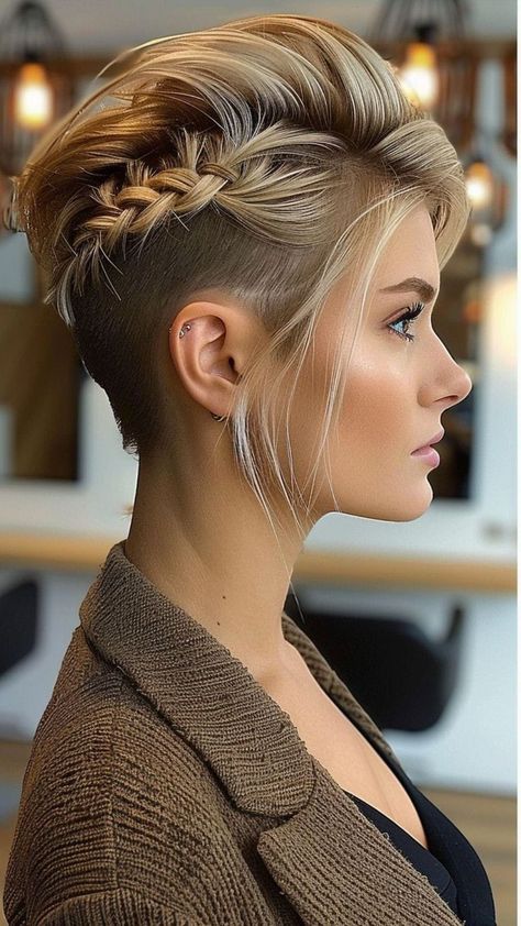 Pixie Hairstyles Wedding Brides, Styles For Undercut Hair, Fantasy Hair Styles Short, Braided Pixie Hairstyles, Long Undercut Pixie, Short Hair Faux Hawk, Mohawk Styles For Women, Pixie Cut Wedding Hair, Undercut Updo Hairstyles