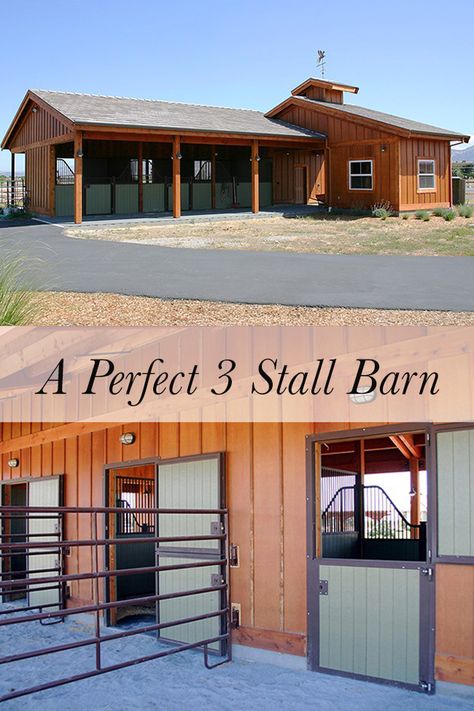 Three stalls with excellent function and design. Horse Stall With Paddock, New England Horse Farms, Horse Stall Runs, Three Stall Horse Barn, Stalls With Runs, Horse Barn With Living Quarters Upstairs, Horse Stalls With Runs, Simple Horse Barn Plans, 2 Stall Horse Barn With Tack Room