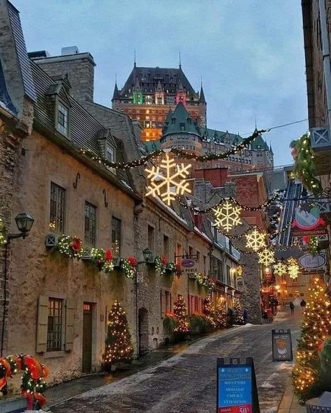 Old Quebec City, Canada Fairmont Le Chateau Frontenac looming in background Quebec City Christmas, Nostalgic Winter, Quebec City Winter, Chateau Frontenac, Quebec City Canada, Old Quebec, Holiday Places, Christmas Town, Christmas Travel