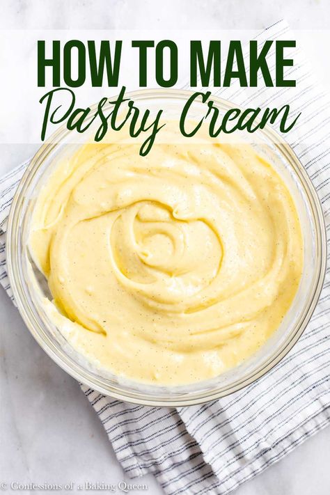 Delicious thick and creamy this easy recipe for pastry cream is the perfect filling for pastries and cakes! Vanilla beans make this Creme Patissiere extra special and beautiful! View the step-by-step photos to help you easily make this delicious custard! #cremepat #cremepatissiere #pastrycream #custard #vanillapastrycream Easy Pastry Cream, Custard Cakes, Easy Pastry, How To Make Pastry, Cakes Vanilla, Cream Filling Recipe, Nut Roll, Pastries Recipes Dessert, Pastry Cream Recipe