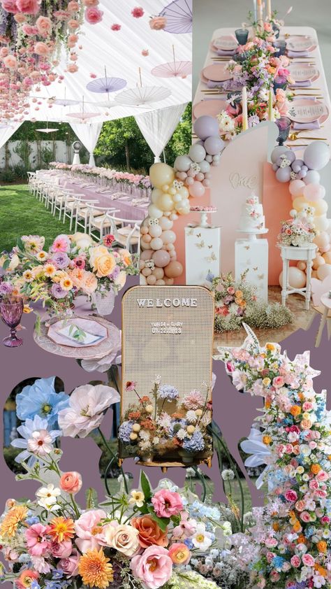 #pastelweddings #pastel #decor #bridetobe #pastelaesthetic #weddingaesthetic Pastel Color Bday Theme, Pastel Colors Theme Party, Pastel Garden Party Decoration, Pastel Color Wedding Theme, Pastel Bridal Shower Ideas, Pastel Garden Party, Bridgerton Garden, Pastel Decorations, Hosting Era