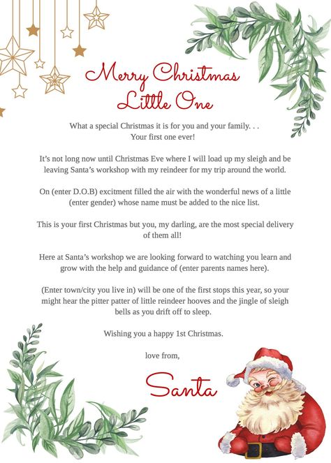 Personalised Editable Downloadable Letter from Santa - Baby's First Christmas Keepsake. ✨ Make Baby's First Christmas Magical with a Personalized Letter from Santa! ✨ Celebrate your baby's first Christmas with a special touch of magic using our Personalized Editable Letter from Santa! This enchanting keepsake is perfect for creating unforgettable memories and adding a touch of holiday cheer. 🎅 What's Included: Editable Letter from Santa: A beautifully designed letter that you can personalise with your baby's date of birth and special details. Instant Download: Access your letter immediately after purchase and start customizing right away. Customisable on Jet Templates: Use our Jet Templates platform to personalise your letter easily.  📜 Features: Tailor-Made for You: Add a personal touch Santa Letter Ideas, From Santa Letter, Letter From Santa Template, Letters From Santa, Letter From Santa, Christmas Letter From Santa, Message From Santa, Baby Art Projects, Card Sentiments