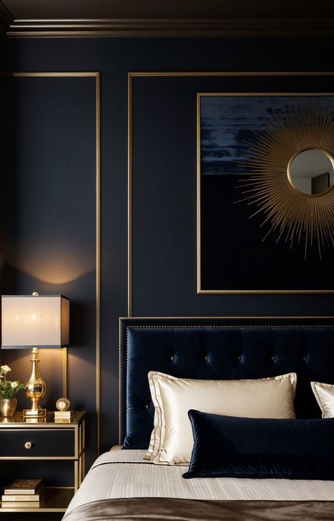 Midnight Blue Bedroom, Dark Blue Rooms, King Size Bed Designs, Blue And Gold Bedroom, Bed Makeover, Dark Blue Bedrooms, Blue Bedroom Walls, Bed Design Ideas, Dark Blue Walls