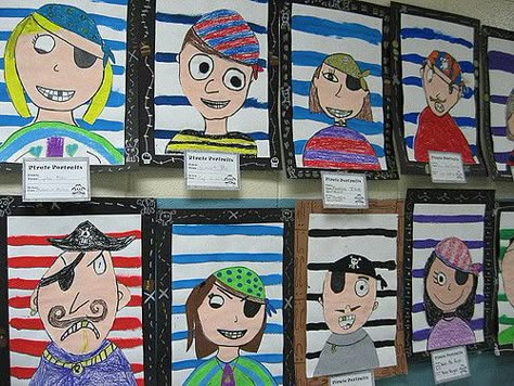 Done by the 4th graders..lesson I borrowed from paintedpaper. The kids really… Pirate Art Activities, Pirate Bulletin Board Ideas, Pirate Unit, Pirate Classroom, Pirate Activities, Pirate Crafts, 4th Grade Art, Pirate Art, 3rd Grade Art