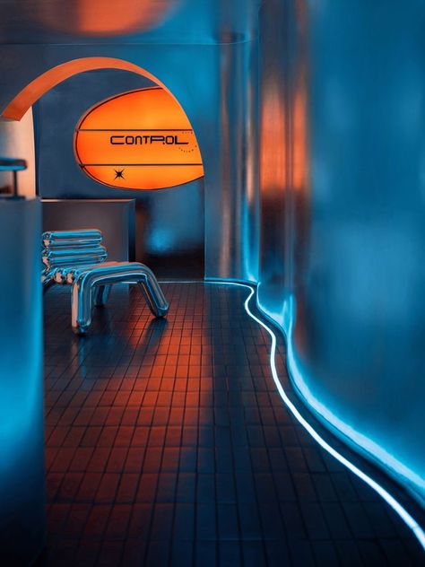 Window Restaurant Design, Vr Room Design, Neon Light Interior, Cyberpunk Interior Design, Futuristic Bar, Club Design Interior, Cyberpunk Interior, Park Lighting, Nightclub Design