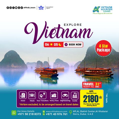 Discover the vibrant beauty of Vietnam From the bustling streets of Hanoi to the breathtaking beauty of Ha Long Bay, 🌿with our 6 Nights, 5 Days tour package from AED 2180 per person on double sharing basis ! 🌏✨ Explore iconic landscapes, rich history, and local culture.Flights are excluded, to be arranged based on your travel dates. Vietnam awaits you. Don’t miss out—book now! 🇻🇳✈️ #VietnamAdventure #TravelWithUs #exploreasia . . . 🗓 Travel valid until 31st December Book Now : +971 50 218 83... Car Advertising Design, 31st December, Ha Long Bay, Food Graphic Design, Ha Long, Honeymoon Packages, Car Advertising, Breathtaking Beauty, Going On Holiday