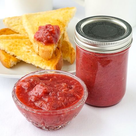 Pineapple Strawberry Rhubarb Jam a.k.a. Heavenly Rhubarb Jam. A jam my Newfoundland grandmother made in the Spring when seasonal rhubarb became available. Baked Hand Pies, Maritime Recipes, Strawberry Chiffon, Newfoundland Recipes, Strawberry Rhubarb Jam, Easy Pie Crust, Pineapple Jam, Strawberry Balsamic, Rhubarb Jam