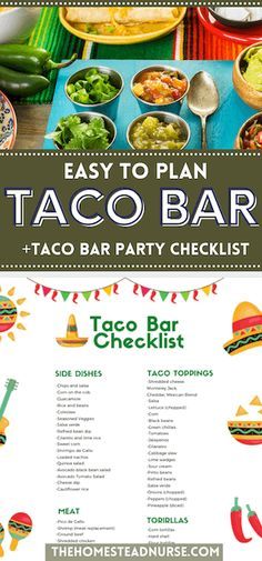 Fun Taco Bar Ideas, Taco Bar Appetizers Parties, How To Set Up Taco Bar For Party, Taco Bar Party Checklist, Taco Bar Easy, Nacho Bar Reception, Taco For Party, Taco Fajita Bar, Nacho Average Christmas Party