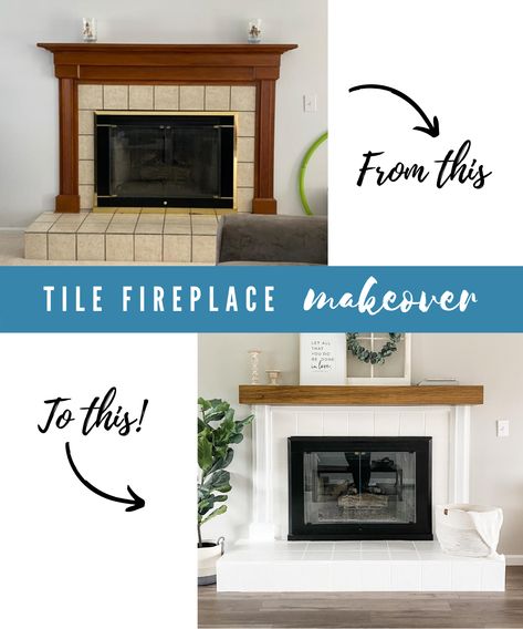 Use the Rustoleum floor coating paint to transform your ugly outdated tile fireplace. Super easy! Fireplace Mantle Color Ideas, 60s Fireplace Makeover, Update 90s Fireplace, How To Paint Tile Fireplace, Modernize Fireplace, Paint Tile Fireplace Before And After, Painting Tile Around Fireplace, Diy Tile Fireplace Makeover, Diy Tile Fireplace