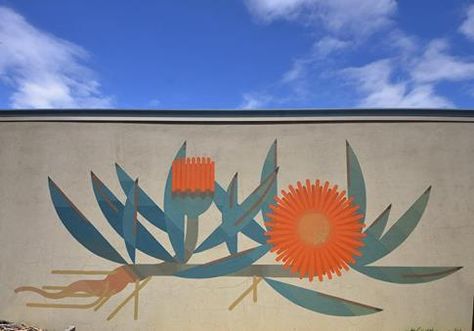 Amok Island, "Coastal Pigface", Australia, 2017 Australian Native Wall Mural, Amok Island, Interior Murals, Garden Mural, School Murals, Murals For Kids, Folk Art Flowers, Door Murals, Cafe Art