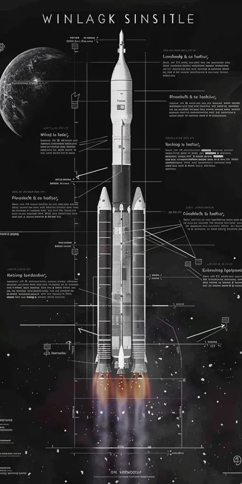 The image is a blueprint of a rocket. It is labeled with the different parts of the rocket, such as the payload, the boosters, and the engines ->> more details in ai-img-gen.com Rocket Blueprint, Space Fleet, Rocket Engine, Video Games Artwork, Staging, Rocket, Video Game, Flight, Engineering