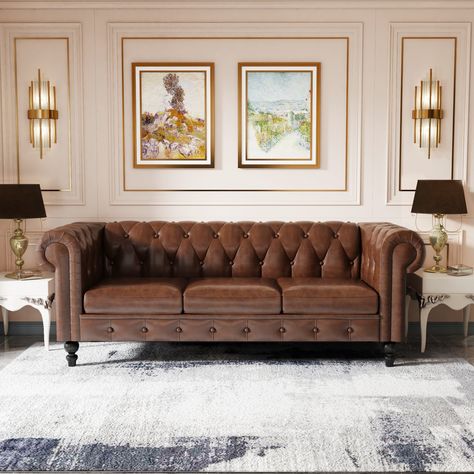 Brown Chesterfield Sofa, Chesterfield Sofa Living Room, Chesterfield Sofa Design, Leather Sofa Living Room, Leather Chesterfield Sofa, Brown Leather Sofa, Rolled Arm Sofa, Leather Couch, Brown Sofa