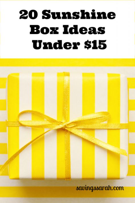 20 Sunshine Box Ideas Under $15 You Are My Sunshine Gift Ideas, Sunshine Basket Care Packages, Yellow Items For Box Of Sunshine, Diy Sunshine Box Ideas, Encouragement Box Ideas, Sunshine Box Ideas Birthday, Yellow Sunshine Box Ideas, Yellow Birthday Box Ideas, Sunshine Basket Ideas