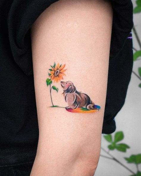 Memorial dog tattoo by @eden_tattoo_ Dog Portrait Tattoo, Tech Tattoo, Our Mindful Life, Tulip Tattoo, Dog Memorial Tattoos, Rainbow Tattoos, Dinosaur Tattoos, Sunflower Tattoos, Memorial Tattoos