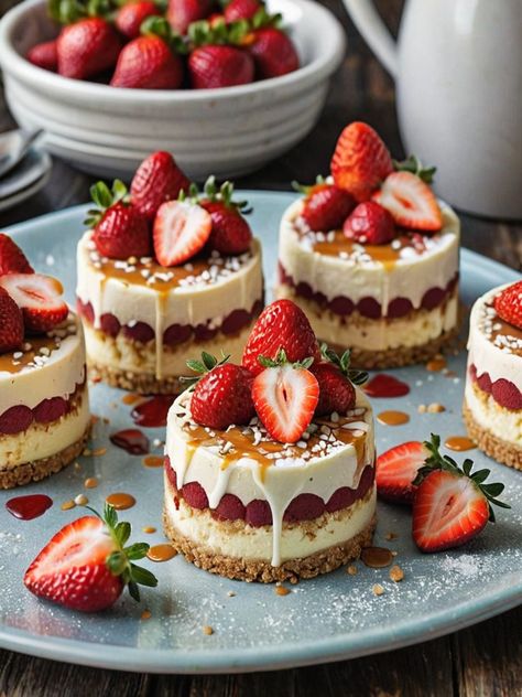 Culinary Artistry: Mini Cheesecakes Transformed Into Edible Masterpieces | aulivin.com European Lunch Ideas, Mini Torte, Dessert Presentation, Dessert Photography, Fancy Desserts, Mini Cheesecakes, Caramel Sauce, Cake Decorating Tips, Mini Desserts