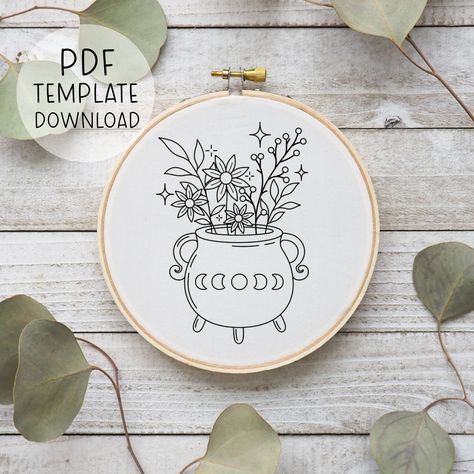 Cauldron Embroidery Pattern Template, Wiccan Embroidery Design, Wicca Embroidery, Witch Home Decor DIY, Floral Witchy Hand Embroidery Design Witchy Embroidery Patterns Free, Witch Home Decor Diy, Wiccan Embroidery, Cauldron Embroidery, Witchy Embroidery, Witch Home, Witch Home Decor, Simple Hand Embroidery Patterns, Pattern Template