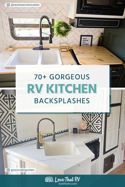 70+ Gorgeous RV Kitchen Backsplashes Rv Kitchen Remodel, Kitchen Backslash, Rv Tour, Rv Interior Remodel, Camper Kitchen, Small Wall Decor, Diy Kitchen Backsplash, Diy Camper Remodel, Rv Kitchen