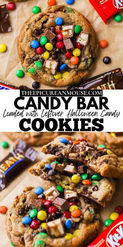 Got buckets of halloween candy and don't know what to do with it? I've got you covered with these delicious and incredibly easy candy bar cookies. They are filled with all of your favorite chocolatey treats, along with some additional chocolate chips. Halloween Candy Baking Ideas, Brown Butter Candy Cookies, Cookies With Halloween Candy, Snicker Bar Cookies, Recipes With Halloween Candy, Leftover Candy Cookies, Candy Bar Cookie Bars, Halloween Candy Cookies Leftover, Candy Themed Desserts