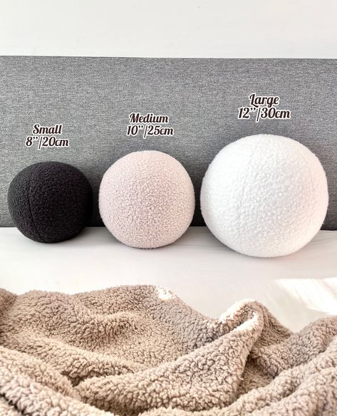 Ball Cushions On Sofa, Ball Pillow Pattern, Neutral Colors Palette, Ball Pillow, Knot Pillow, Colors Palette, Boucle Fabric, Round Pillow, Round Design