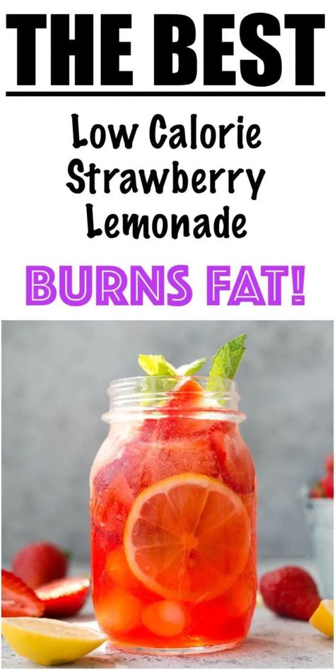 Low Sugar + Low Carb + Low Calorie Strawberry Lemonade Low Calorie Drinks Nonalcoholic, Strawberry Summer Drinks, Pineapple Lemonade Recipe, Good Lemonade Recipe, Easy Lemonade Recipe, Strawberry Health Benefits, Pink Lemonade Recipes, Low Carb Low Calorie, Homemade Strawberry Lemonade