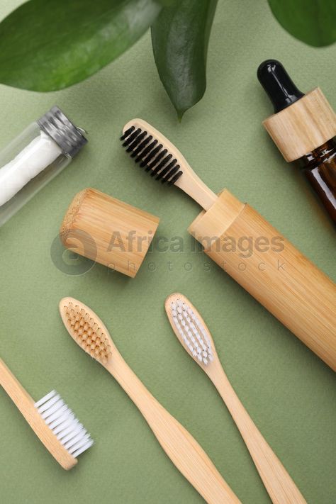 Flat lay composition with bamboo toothbrushes on green background Dental Cosmetics, Bamboo Toothbrush, Green Background, Health Healthy, Green Backgrounds, Free Image, Flat Lay, Free Images, Stock Images Free