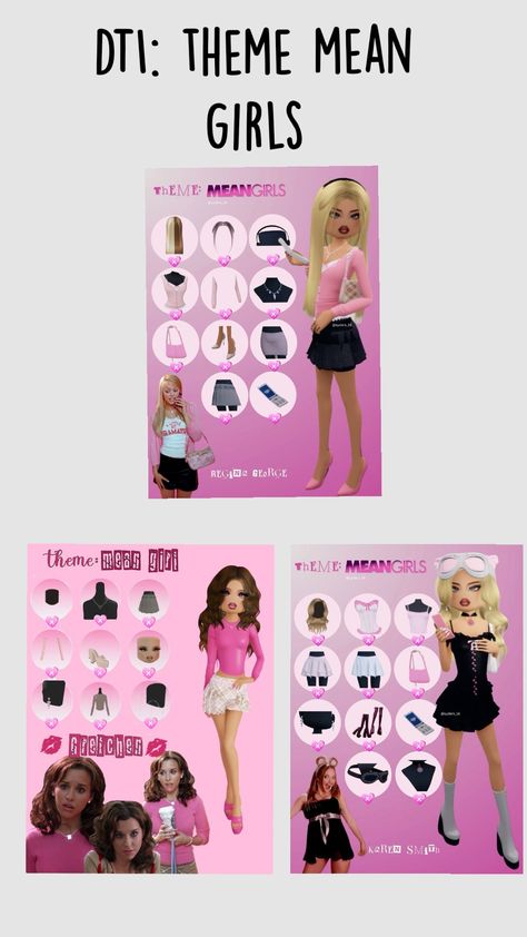 DTI:theme mean girls🩷🌺🌸 Dti Outfits Ideas Mean Girl, Mean Girls Outfit Inspo Dti, Dti Theme Internet Famous, Hardest Dti Themes, Internet Famous Dti Theme, Dti Theme Mean Girl, Mean Girls Dti Outfit, Every Dti Theme, Dti Theme Misunderstood